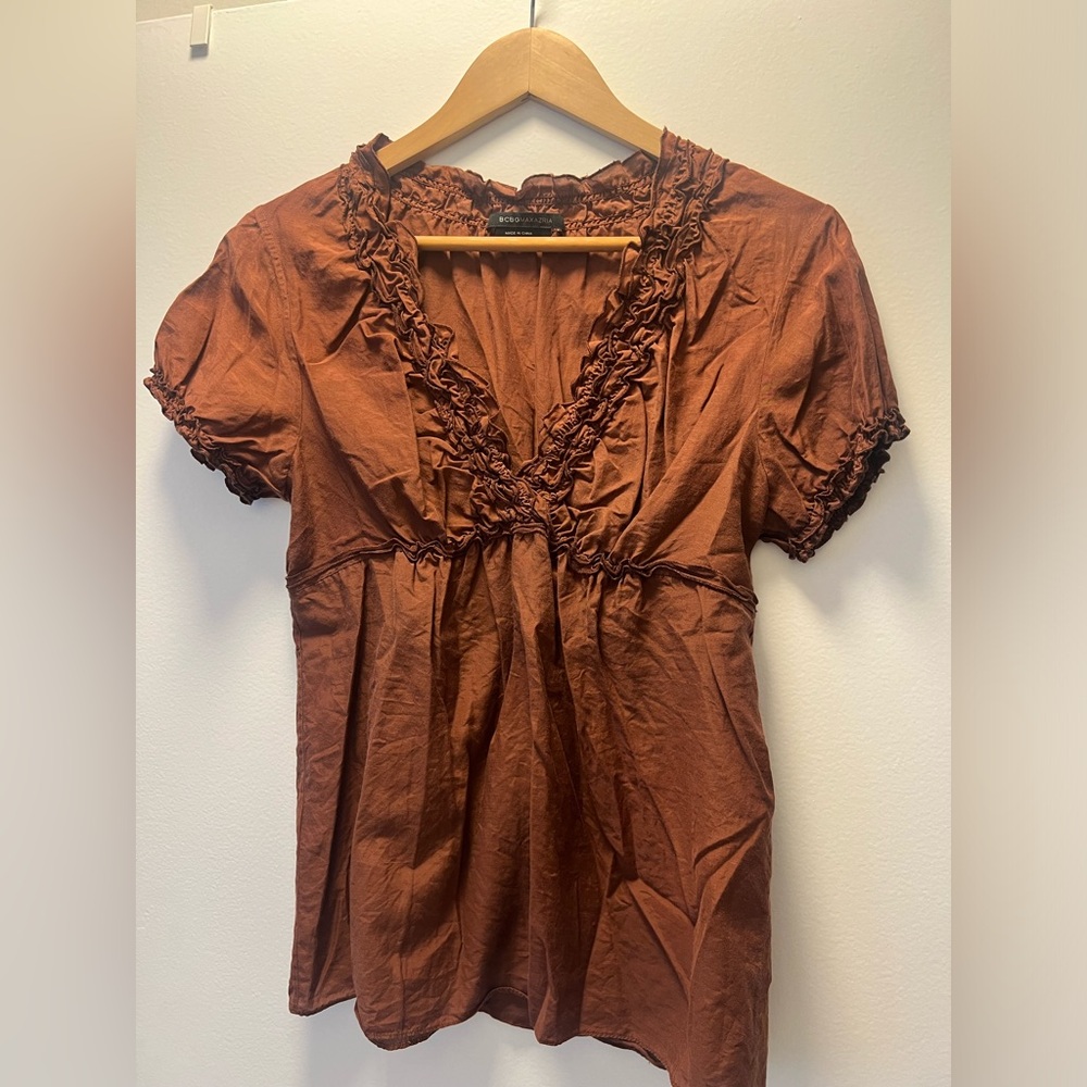 BCBGMaxAzria Cotton & Silk Brown Deep V Neck Empire Blouse